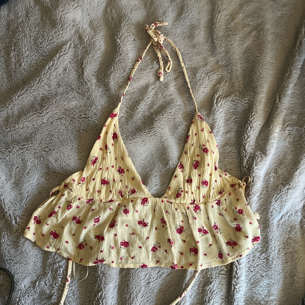 Floral Halter Top - Yellow with pink Flowers